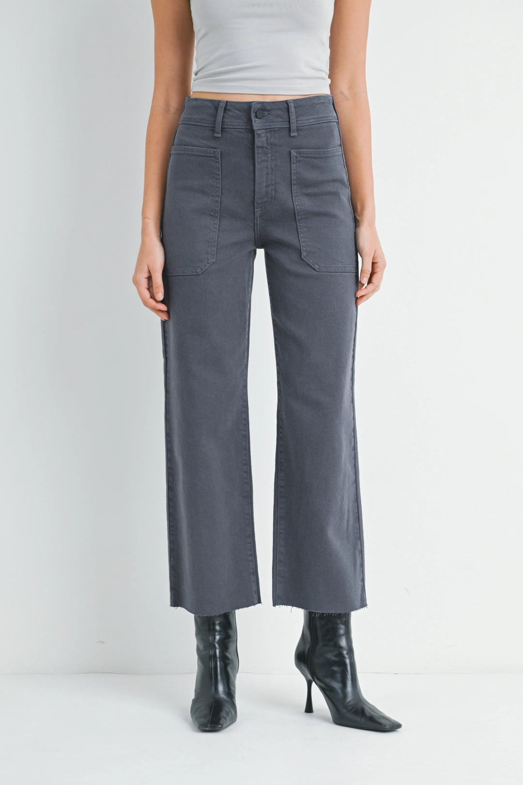 High Rise Utility Wide Leg Jeans - Charcoal