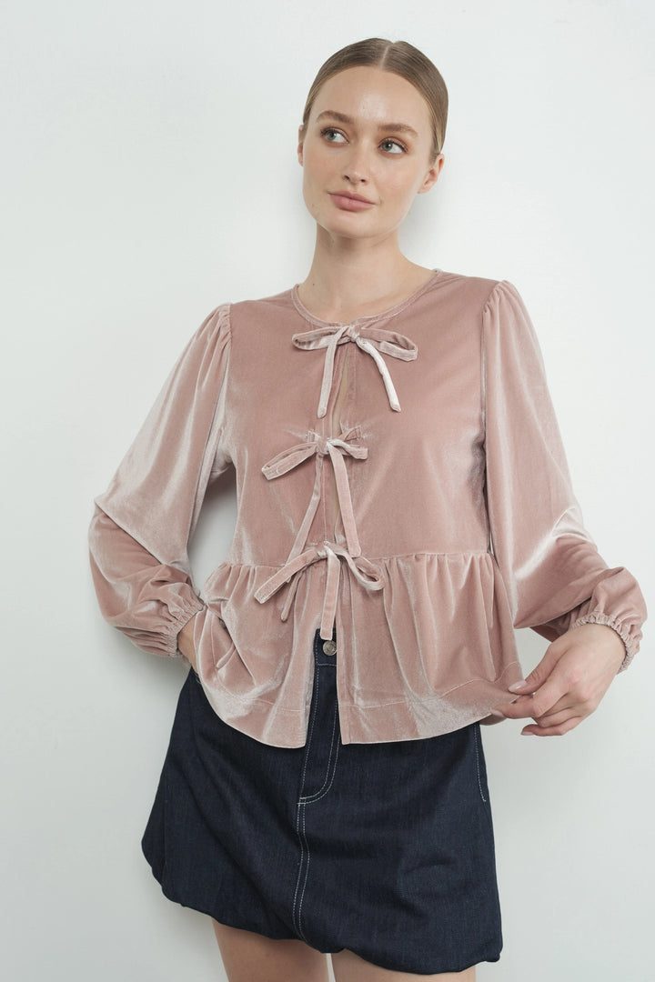 Velvet Bow Tie Peplum Blouse - Dusty Pink