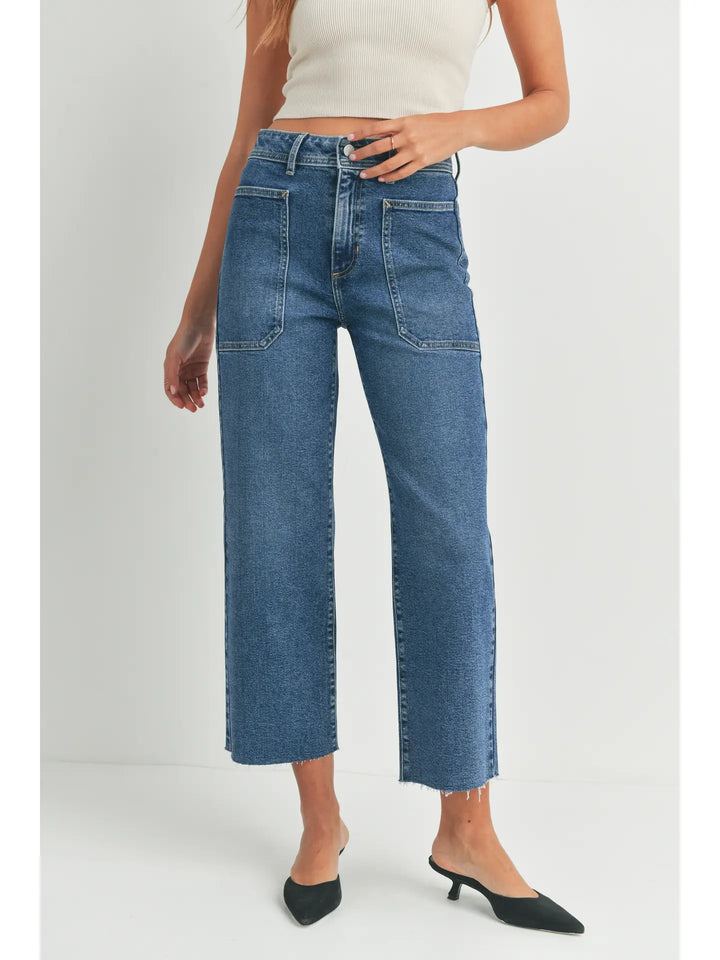 High Rise Utility Wide Leg Jeans - Medium Denim