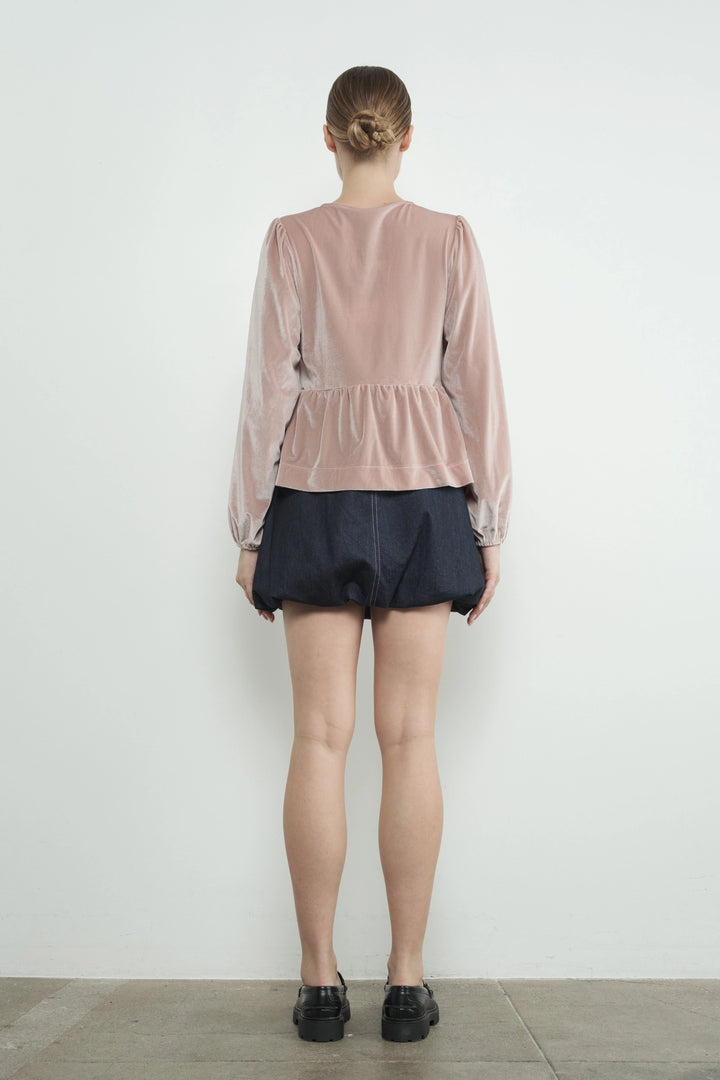 Velvet Bow Tie Peplum Blouse - Dusty Pink