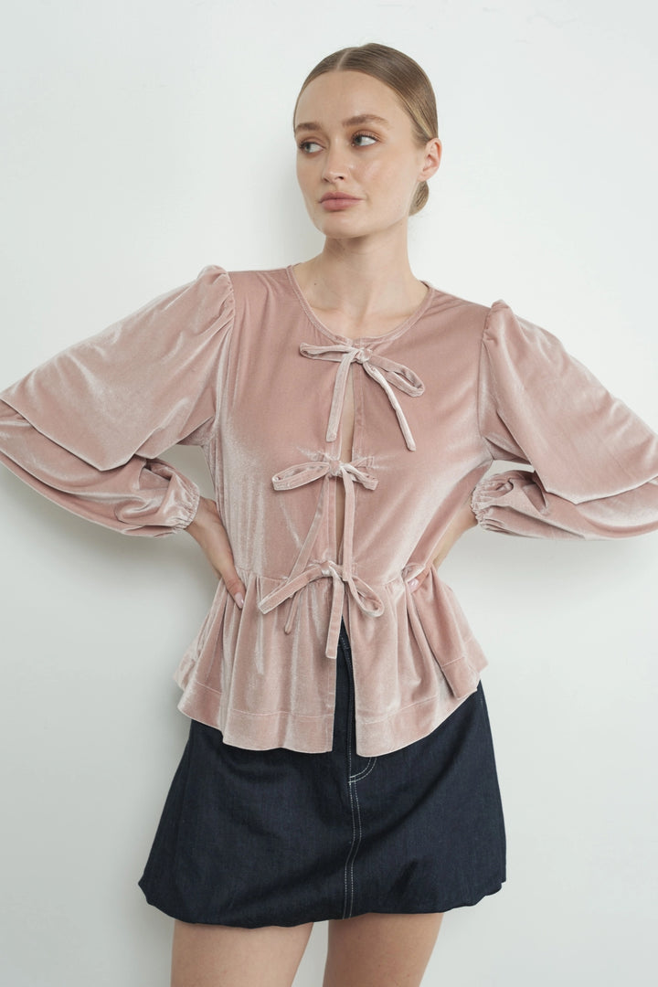 Velvet Bow Tie Peplum Blouse - Dusty Pink