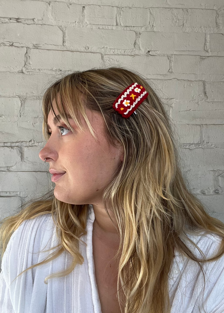 Polly Crochet Hair Clip - Red / White Floral