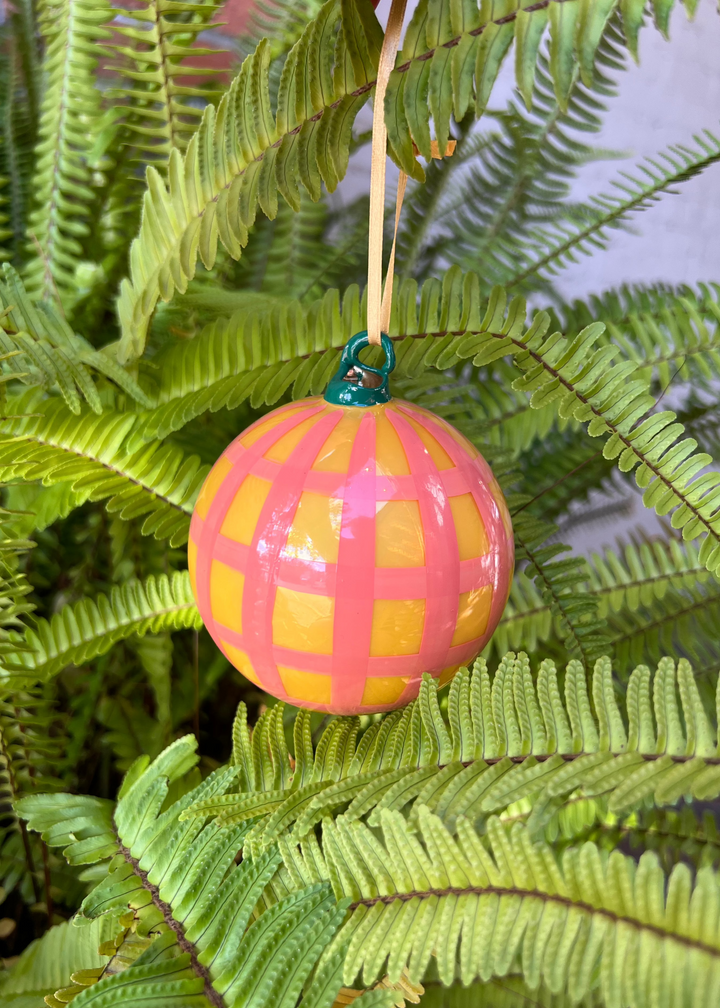 Large Gingham Bauble Ornament - Yellow / Peach