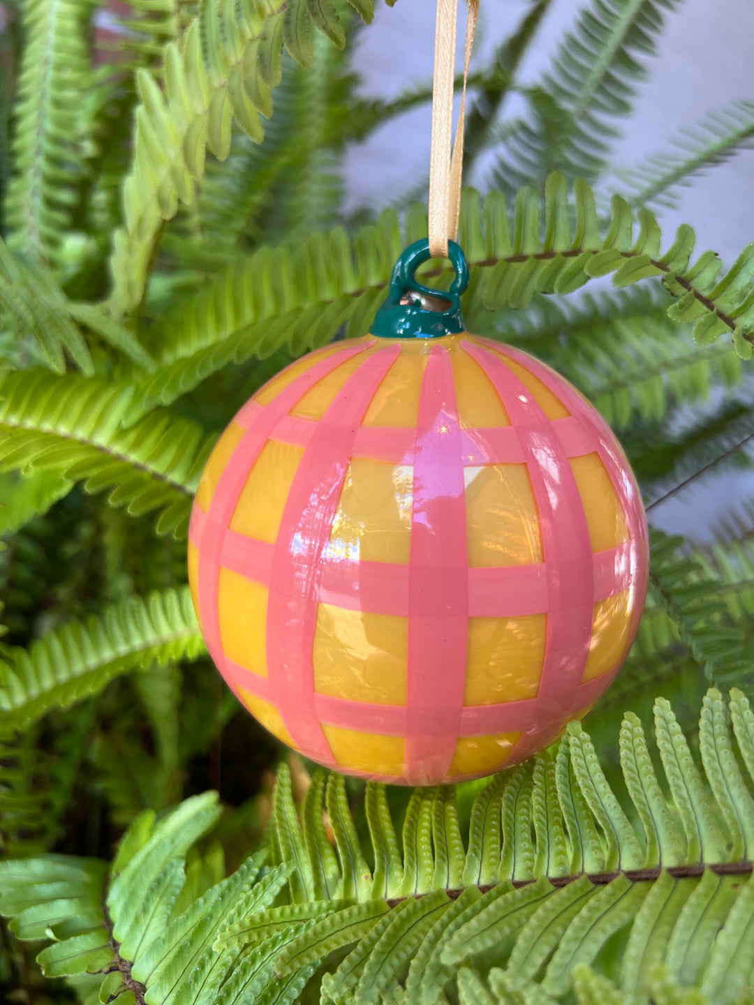 Large Gingham Bauble Ornament - Yellow / Peach