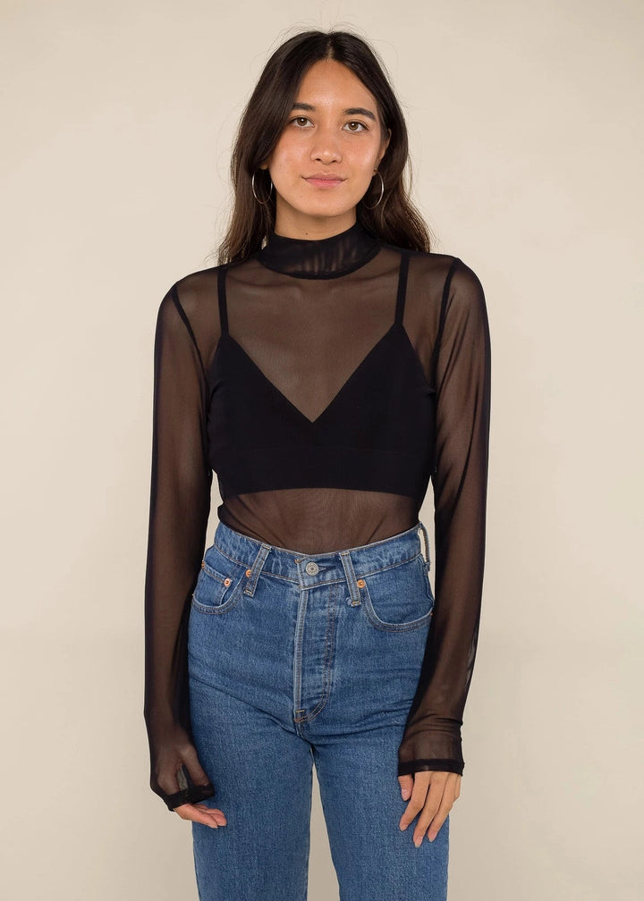 Mesh Mockneck Top - Black