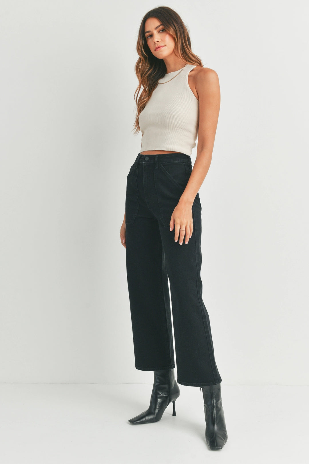 High Rise Utility Wide Leg Jeans - Black