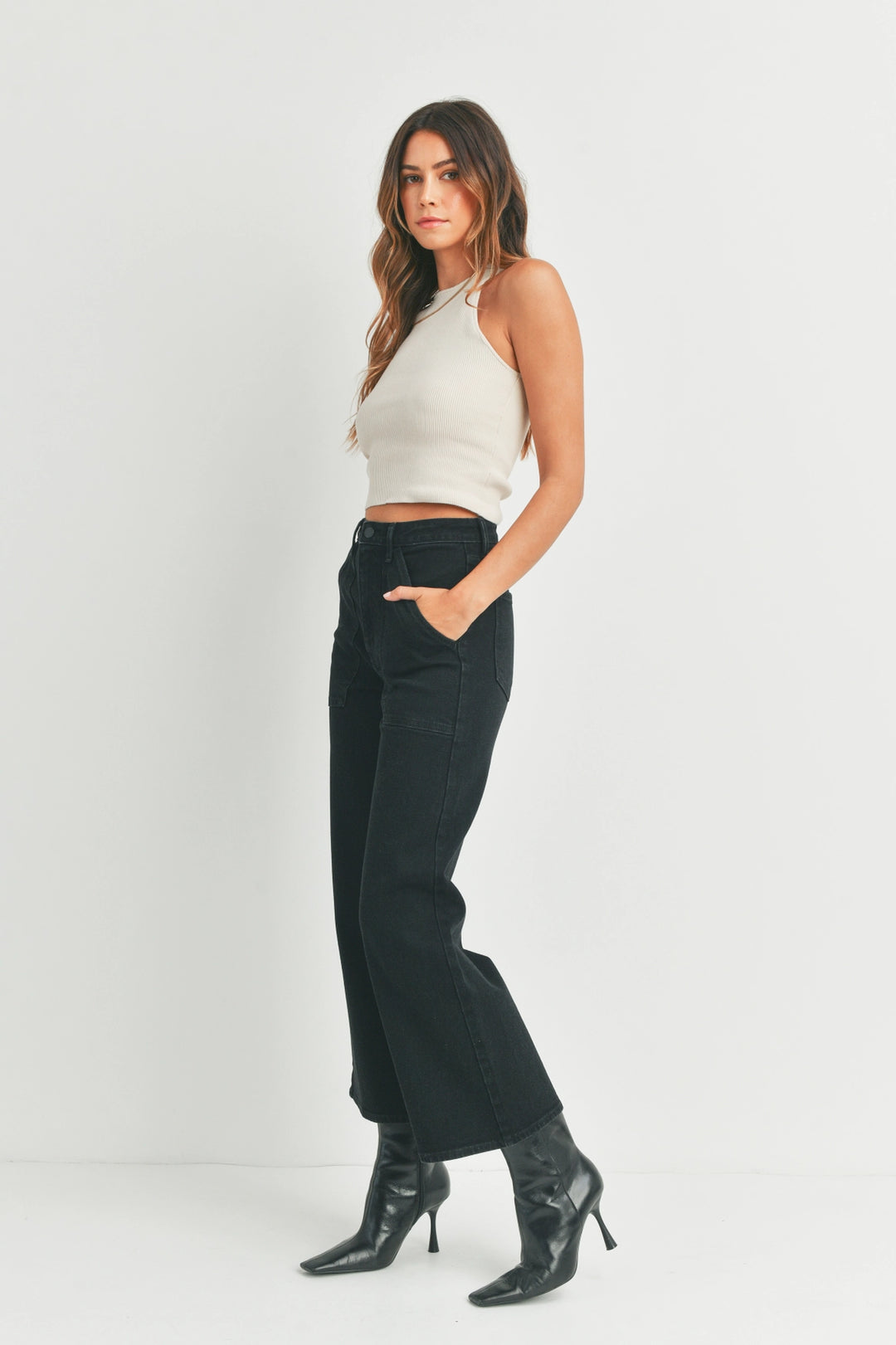 High Rise Utility Wide Leg Jeans - Black